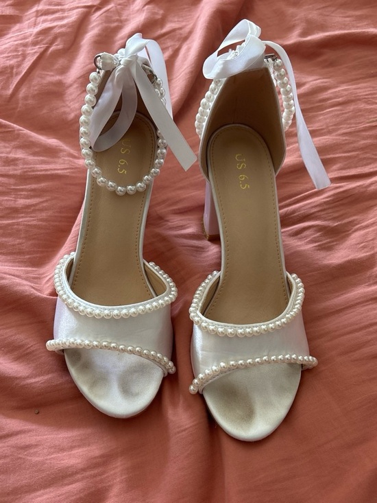 Shoes - Pearl-Trim White Satin Ankle-Tie Heels - Women's